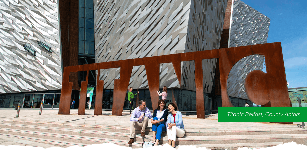 Titanic Belfast, County Antrim - A group sititng in front of the Titanic Belfast.